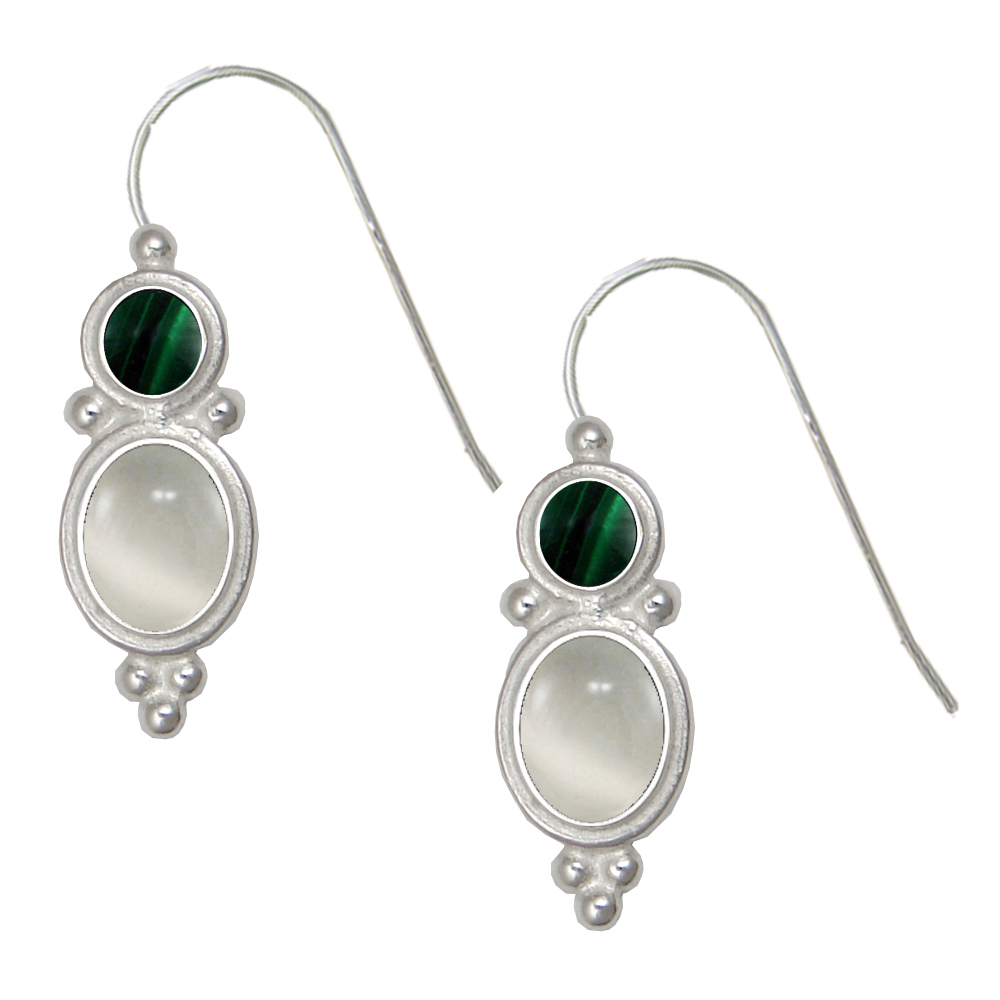 Sterling Silver Drop Dangle Earrings White Moonstone And Malachite